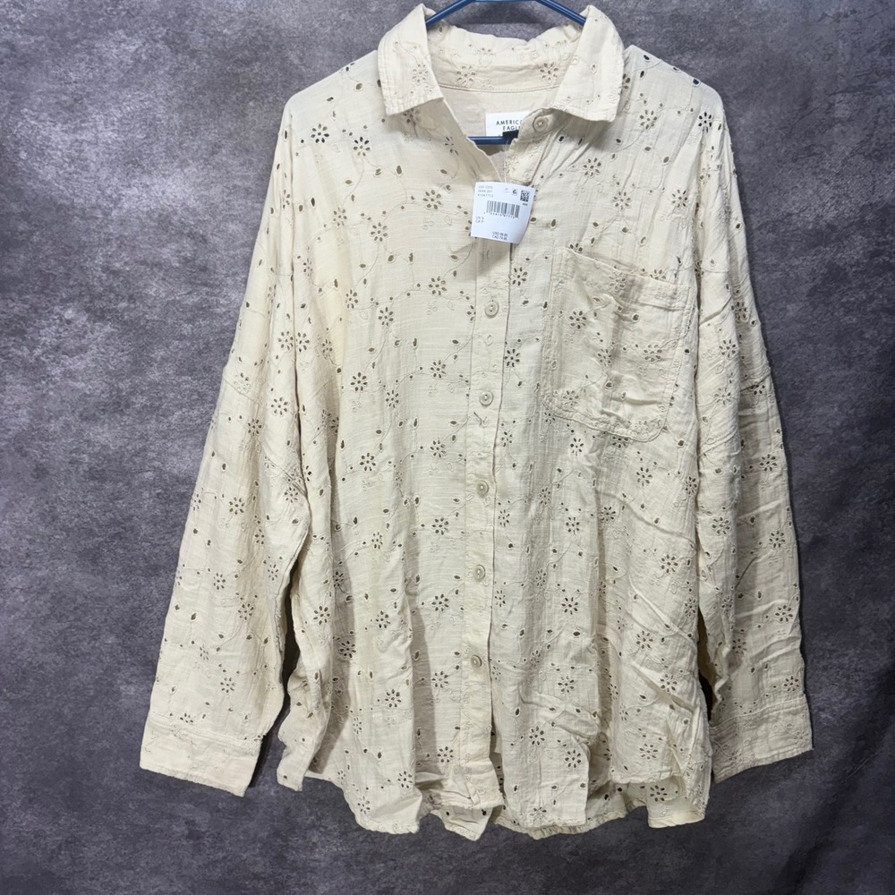 American Eagle AE Go Big Oversized Eyelet Embroidered Button Shirt Womens S Tan